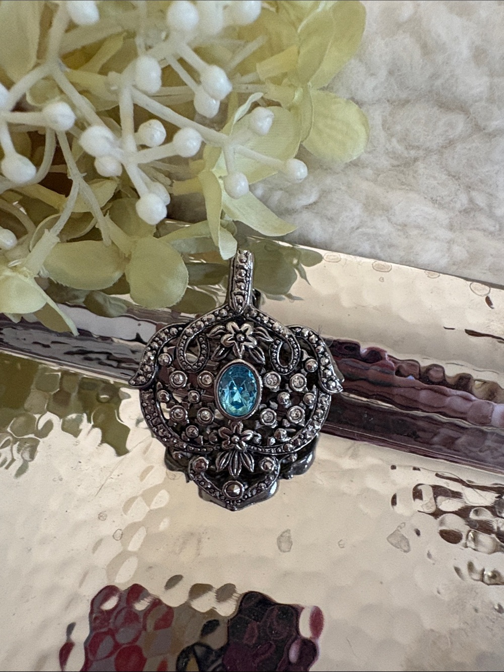 Avon Silver-Tone Floral Filigree Pendant with Blue Gem